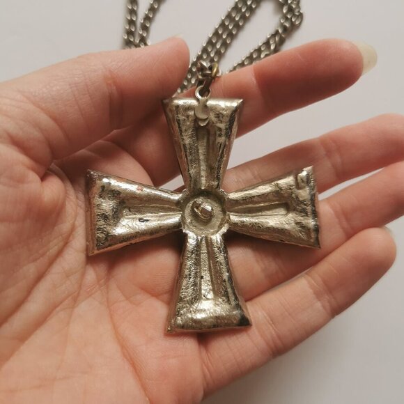 Black Silver Maltese Cross Pendant Necklace Iron Cross Chunky Vintage - Picture 5 of 8
